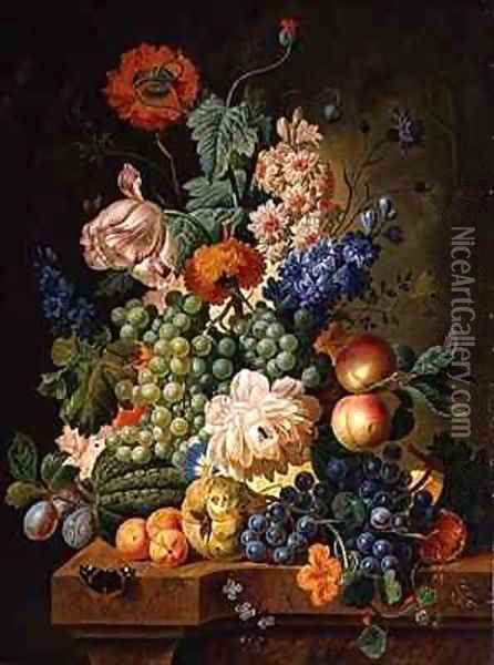 Fruit and Flowers on a Marble Table Oil Painting - Paul-Theodor Van Brussel