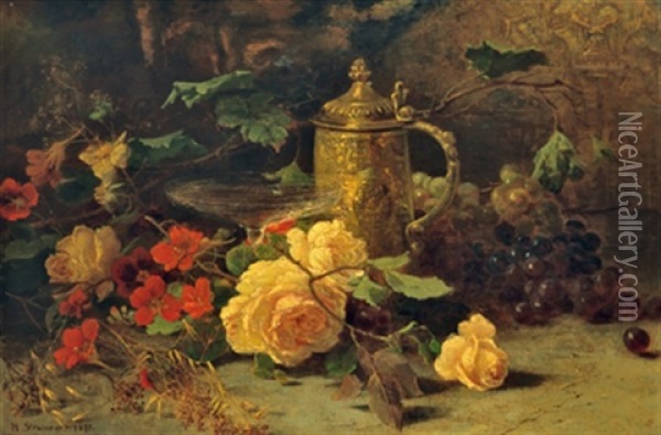 Blumenstuck Mit Rosen Und Weintrauben Oil Painting - Helene Marie Stromeyer
