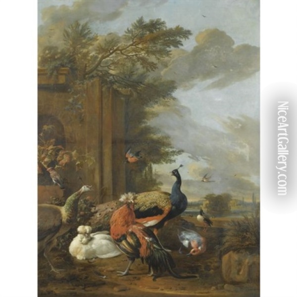 A Peacock, A Peahen, A Jay, A Swallow, A Kingfisher, A Mallard, Ducks And Hens In An Elegant Parkland Setting Oil Painting - Melchior de Hondecoeter