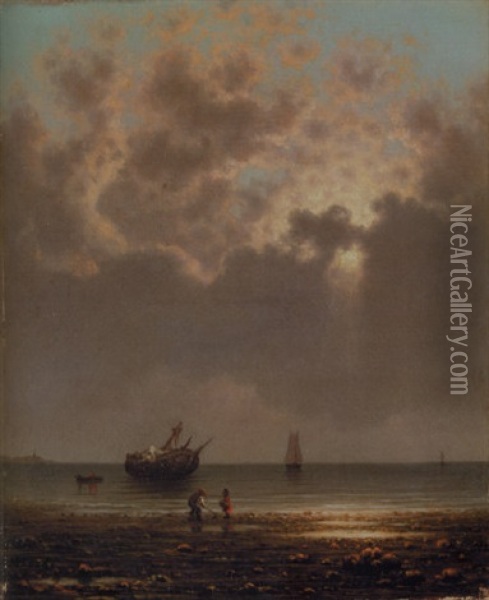 Sun Breaking Through The Clouds (a Wreck On The Shore) Oil Painting - Martin Johnson Heade