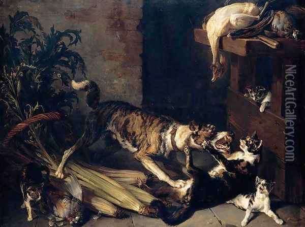 A Dog and a Cat Fighting in a Kitchen Interior 1710 Oil Painting - Alexandre-Francois Desportes