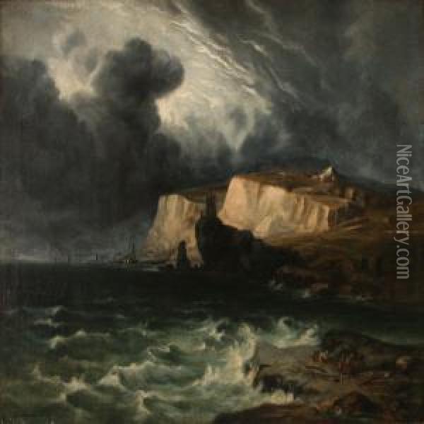 Rocky Coast Under A Storm Oil Painting - Regnier Remigius Zeeman /