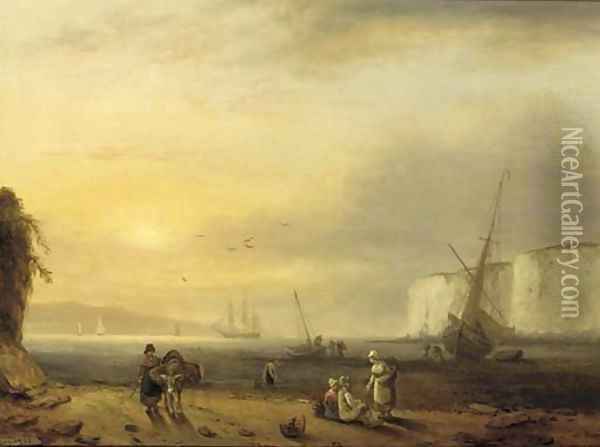A coastal landscape with fisherfolk on the shore unloading the day's catch Oil Painting - Thomas Luny