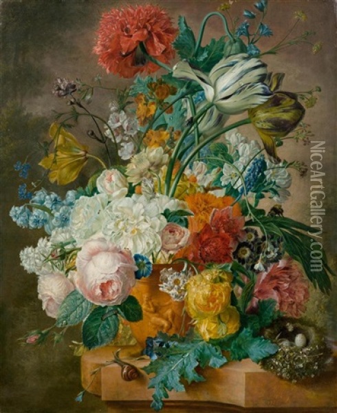 A Floral Still Life With A Bird's Nest Oil Painting - Wybrand Hendriks