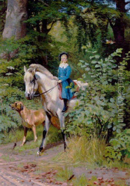 Lille Pige I Bla Kjole Rider I Skoven Med Sin Hund Oil Painting - Adolf Heinrich Mackeprang