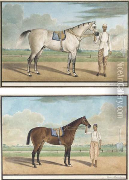 A White Stallion With A Groom; And A Bay Horse With Groom Oil Painting - Shaikh Muhammad Amir Of Karraya