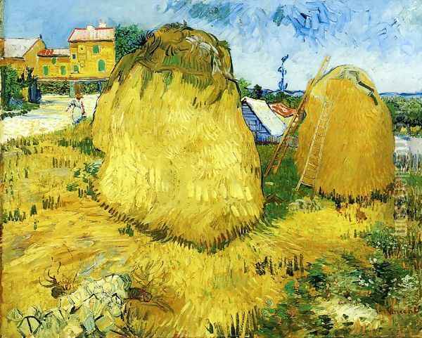 Stacks of Wheat near a Farmhouse Oil Painting - Vincent Van Gogh