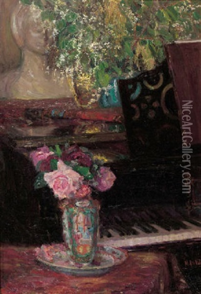 Bloemen: Flowers By A Piano Oil Painting - Maurits Niekerk