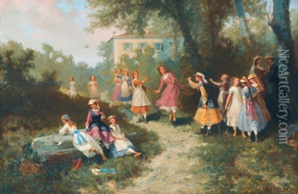 Spielende Junge Madchen Im Freien Oil Painting - Auguste (Viande) Doviane