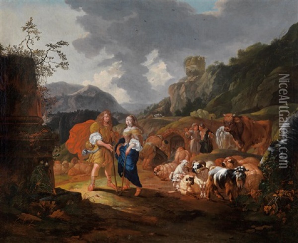 Ein Schaferpaar Mit Seiner Herde In Sudlicher Landschaft Oil Painting - Johann Heinrich Roos