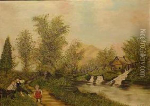 Children Playing By A Mill Oil Painting - M.H. Blauvelt