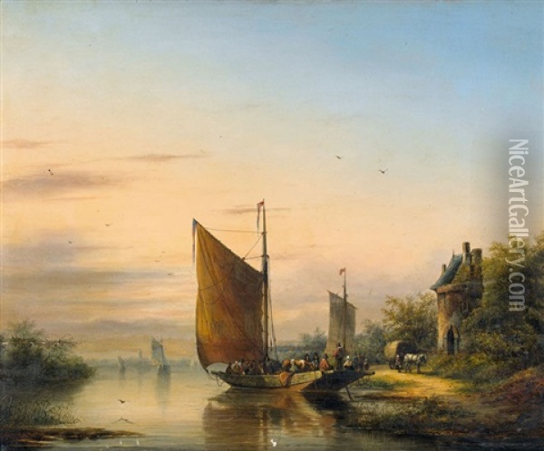 Abendstimmung Mit Flussfahre Oil Painting - Gerardus Hendriks