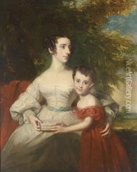 A Portrait Of A Mother And Her Son, Seated In A Landscape Oil Painting - Benjamin Rawlinson Faulkner