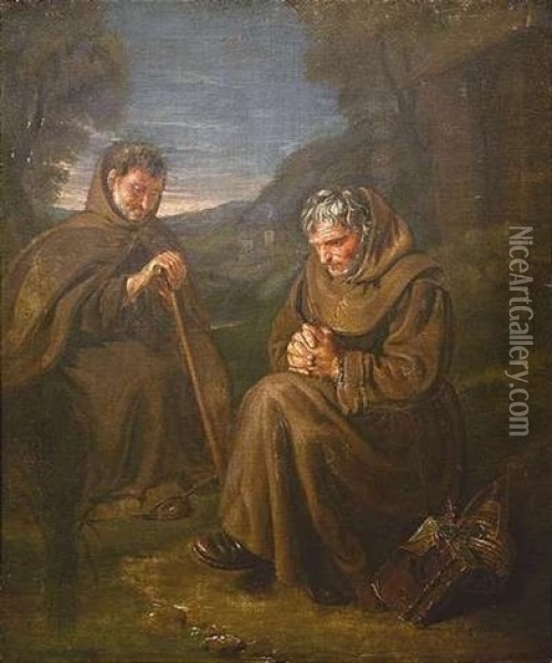 Zwei Betende Franziskanermonche In Italienischer Landschaft Oil Painting - Giuseppe Gambarini