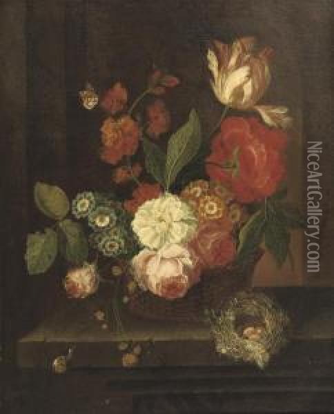 Roses, Tulips, Violets And Other Flowers In A Basket With Abirdsnest On A Stone Ledge Oil Painting - Abraham Teixeira De Mattos
