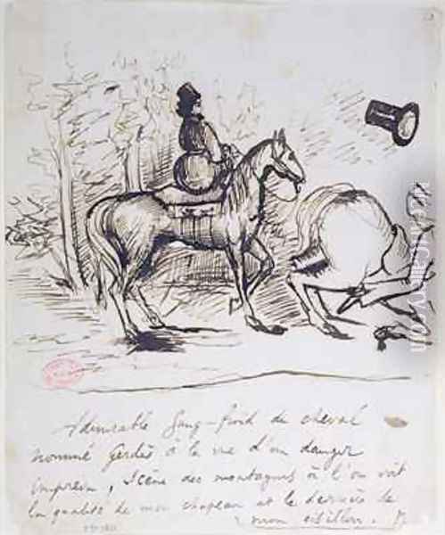 George Sands horse displaying sangfroid behind the stumbling horse of Alfred de Musset 1810-57 Oil Painting - Alfred de Musset