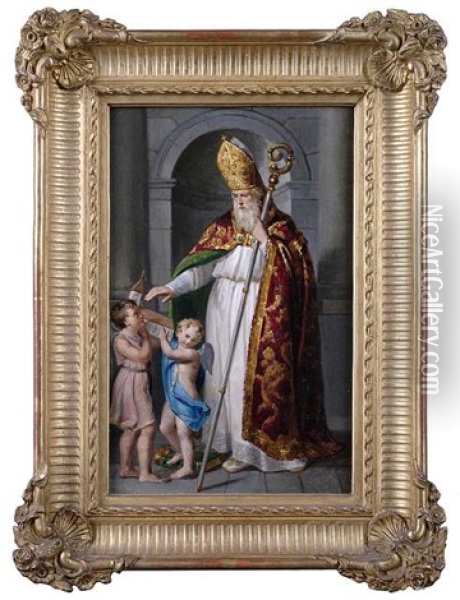 Heiliger Nikolaus Mit Zwei Englein Oil Painting - Maria (Anna Maria) Ellenrieder