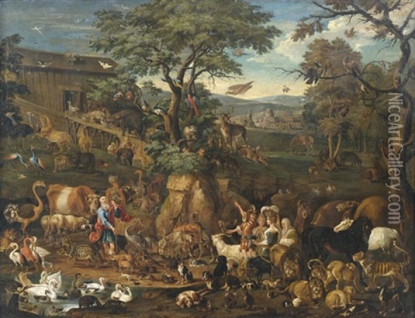 Die Arche Noah. Versammlung Der Tiere Vor Der Arche Und Vor Weitem Landschaftshintergrund Oil Painting - Johann Rudolf Byss