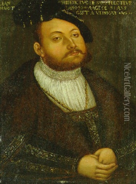 Portrait Of Johann Friedrich, Elector Of Saxony, Half-length, In A White Shirt And A Gold Embroidered Coat With A Fur-lined Collar Oil Painting - Lucas Cranach the Younger
