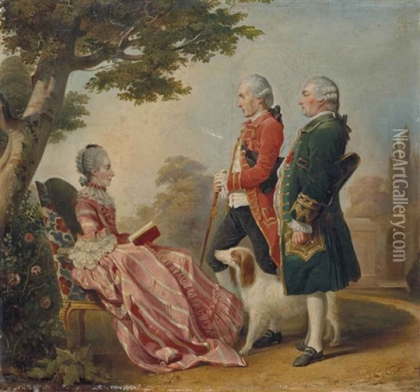 La Marquise De Pons, Le Chevalier De Durfort Et Monsieur De Margerie (after Louis De Carrogis) Oil Painting - Henri Felix Emmanuel Philippoteaux
