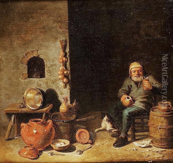 A Toper In A Kitchen Interior Oil Painting - Pieter Jacobsz. Duyfhuysen