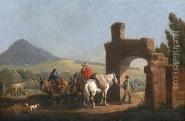 Paesaggio Con Cavalieri Davanti A Un Arco In Rovina Oil Painting - Joseph Swebach-Desfontaines