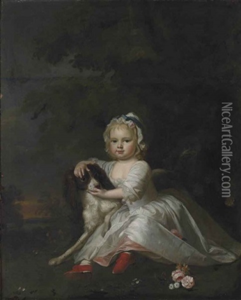 Portrait Of Catherine Legge (1741-1819), As A Child, Seated Full-length, In A White Dress And Cap, With A Spaniel, In A Landscape Oil Painting - Thomas Hudson