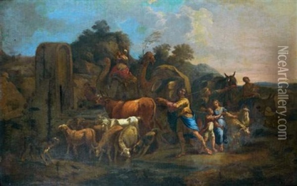 Le Depart De Jacob Sur La Route De Canaan Oil Painting - Johann Heinrich Roos