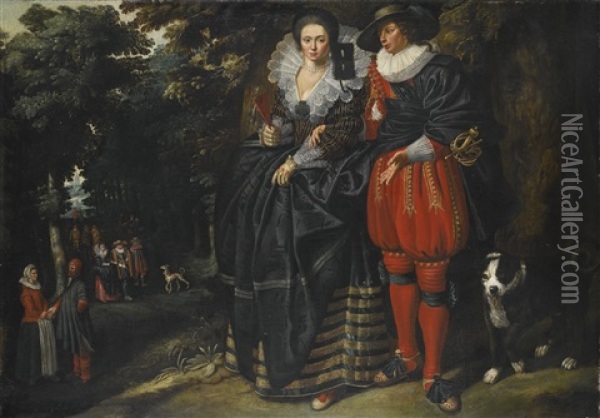 An Elegant Couple With A Dog, In A Forested Landscape With Other Figures In The Background, Possibly An Allegory Of Summer Oil Painting - Dirck van Cats