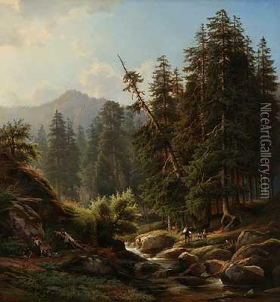 Waldarbeiter Raumen Einen Gebirgsbach Oil Painting - Georg Engelhardt