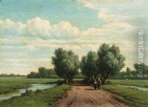 A Summer Landscape With A Peasant Woman And Child Walking On Asandy Track Oil Painting - Jacob Jan van der Maaten