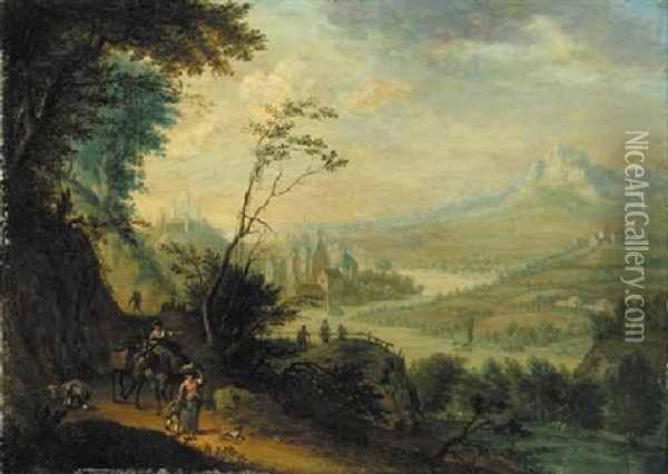 An Extensive River Landscape With Travellers On Path, A House And Church Beyond Oil Painting - Peter Gysels