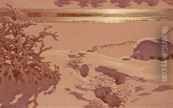 Spar I Snon/mansken (tracks In The Snow / Moonlight) Oil Painting - Gustaf Fjaestad