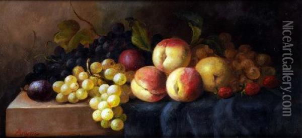 A Pair, Still Life, Ripe Fruit On A Table Ledge Oil Painting - A. Amato