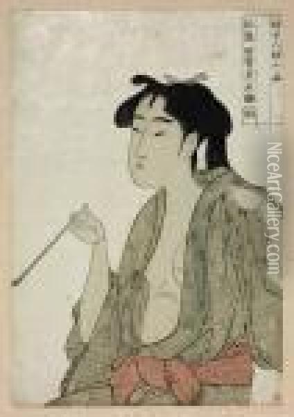 Woman Exhaling Smoke From A Pipe, From The Series Fujo Ninso Juppon Oil Painting - Kitagawa Utamaro