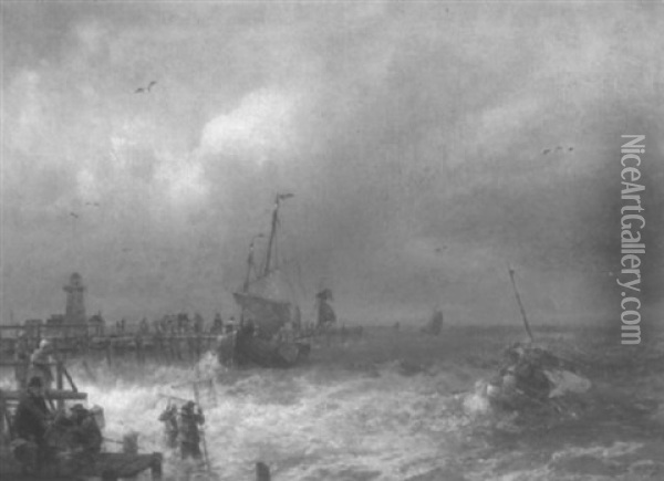 Fishermen Off A Quay Oil Painting - Hermann Herzog