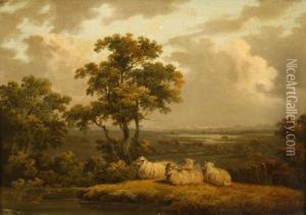 Sheepresting In A Landscape Oil Painting - Charles Towne