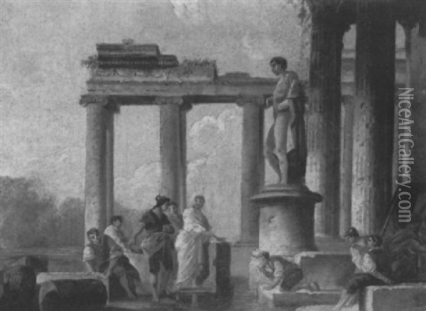Personnages Au Bord D'un Bassin Pres De Ruines D'un Temple Antique Oil Painting - Hubert Robert