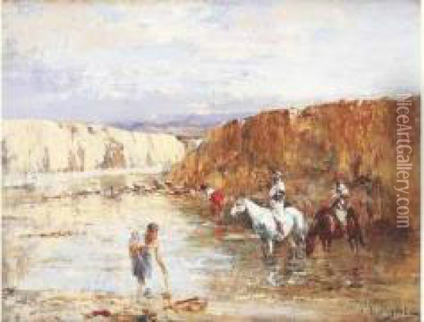 Cavaliers A L'oued. Oil Painting - Victor Pierre Huguet