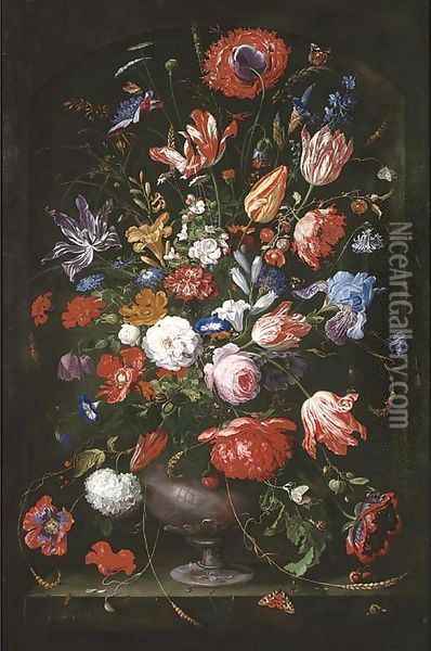 Roses, tulips, marigolds, a geranium and other flowers in a sculpted vase with butterflies, caterpillars, a ladybird, a bee, a snail Oil Painting - Jan Davidsz. De Heem