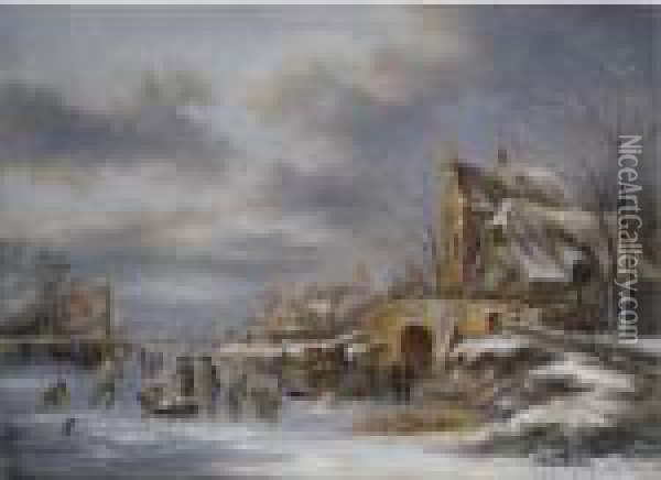 A Winter Landscape With Skaters And Other Figures On A Frozen River Oil Painting - Claes Molenaar (see Molenaer)