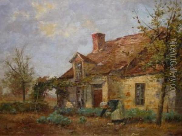 Old Woman In A Cottage Garden At Runswick Oil Painting - Ernest Higgins Rigg