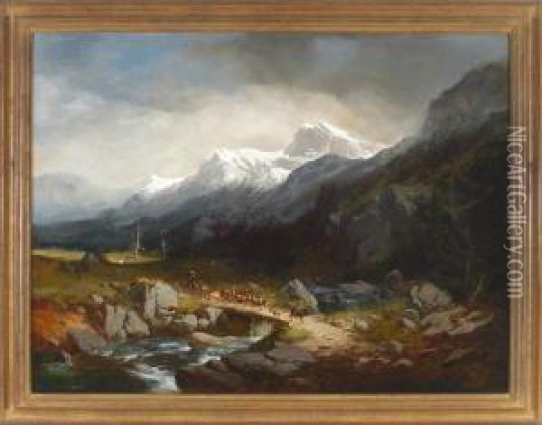 Almabtrieb Im Hochgebirge An Einem Wildbach Bei Gewitterstimmung Oil Painting - Karl Millner