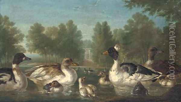 Ducks on a pond with a pavilion beyond Oil Painting - Marmaduke Cradock