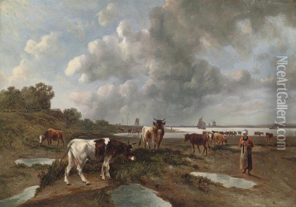 Tending To Livestock By A Dutch Waterway Oil Painting - Anthony, Anton De Bree