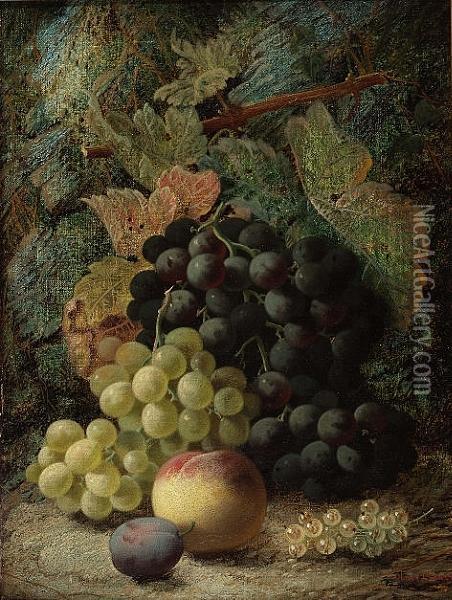 Still Life Of Grapes And Other 
Fruit On A Mossy Bank; Still Life Of Birds Nest And Flowers On A Mossy 
Bank Oil Painting - Oliver Clare