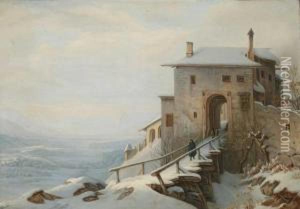Blick Von Einem Burgtor Auf Eine Winterliche Flusslandschaft Im Gebirge Oil Painting - Georg Wiesend