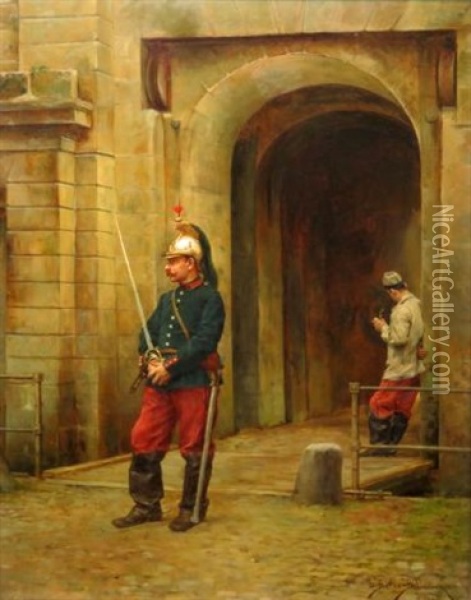 The Dragoon At The Gate Oil Painting - Etienne Prosper Berne-Bellecour