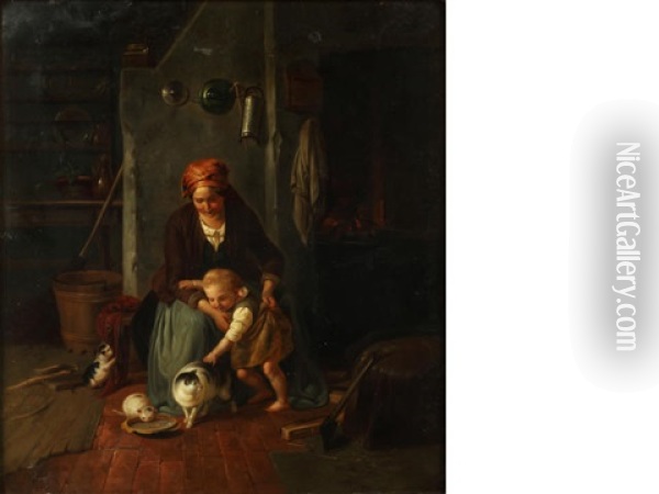 Mother With Child Stroking A Cat Oil Painting - Bernardt Schlosser