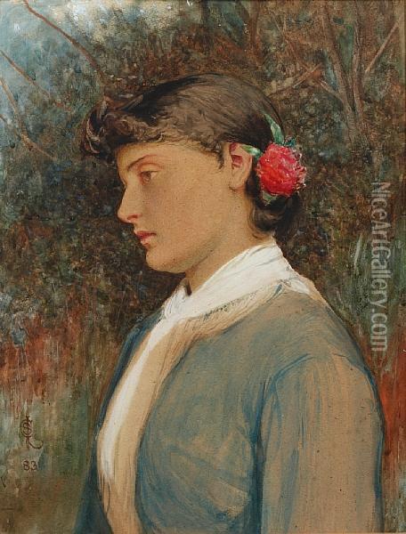 Portrait Of A Young Lady, A Flower In Herhair Oil Painting - Charles Sillem Lidderdale